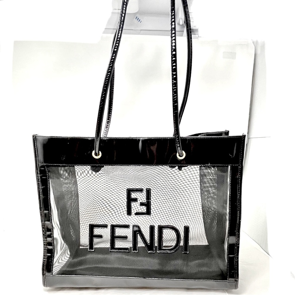 SOLD - Fendi Black Mesh and Patent Leather FF FENDI Shopping Tote